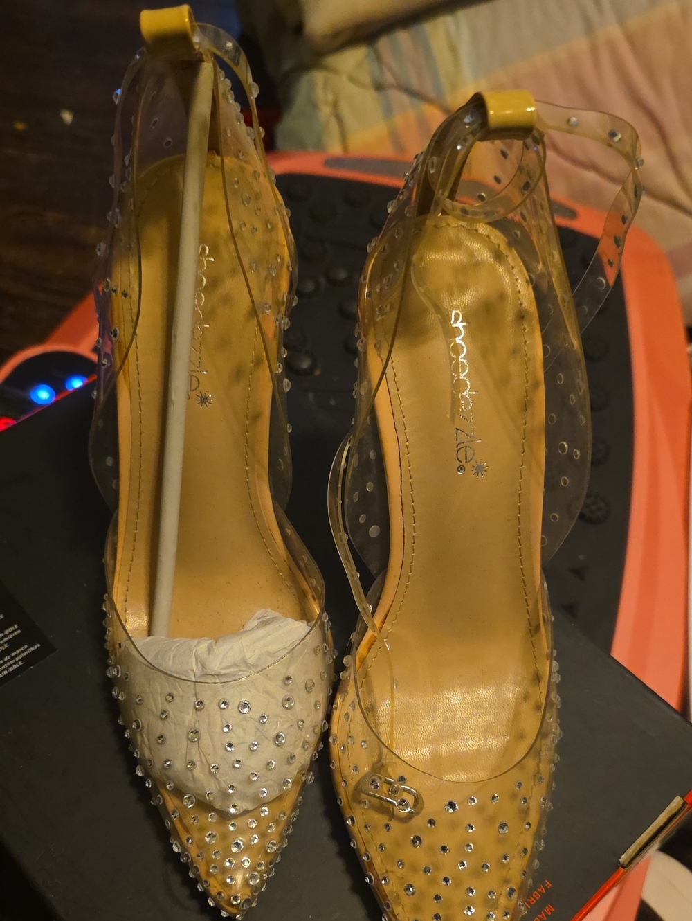 Shoe Dazzle Yellow Pointed Clear Slingback Heels with Rhinestones